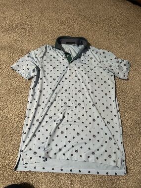Men's Light Blue Polo with Dark Motif and Contrast Collar